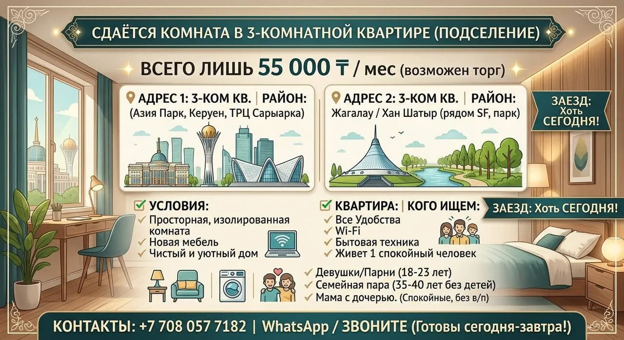 Подселение, для всех, 55 000 ₸ за квартиру